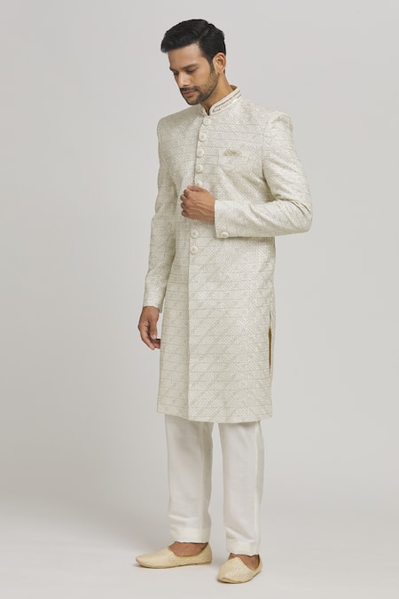 Shop_Aham-Vayam_White Cotton Embroidery Divyachandra Sherwani Set _Online_at_Aza_Fashions