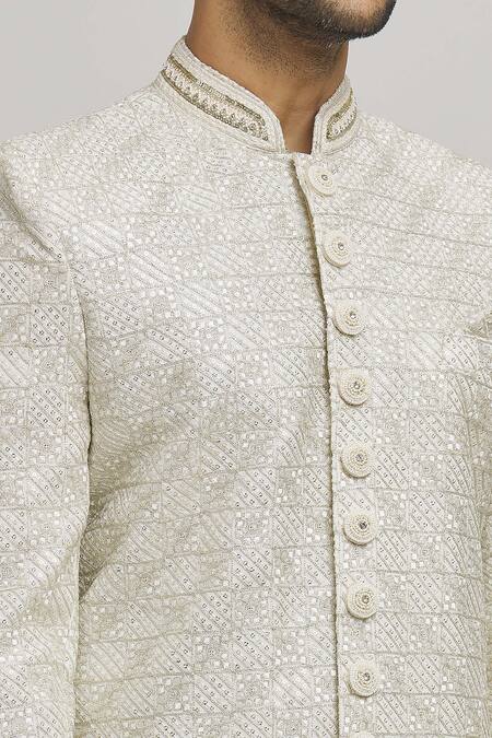Aham-Vayam_White Cotton Embroidery Divyachandra Sherwani Set _at_Aza_Fashions