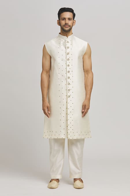 Aham-Vayam_Ivory Cotton Embroidery Kripam Open Sherwani Pant Set _Online_at_Aza_Fashions