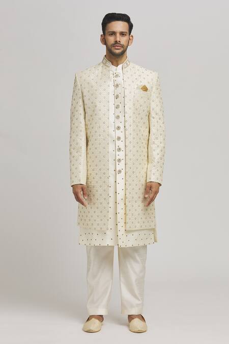 Buy_Aham-Vayam_Ivory Cotton Embroidery Kripam Open Sherwani Pant Set _Online_at_Aza_Fashions