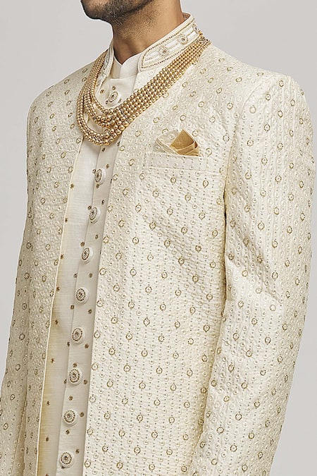 Shop_Aham-Vayam_Ivory Cotton Embroidery Kripam Open Sherwani Pant Set _Online_at_Aza_Fashions
