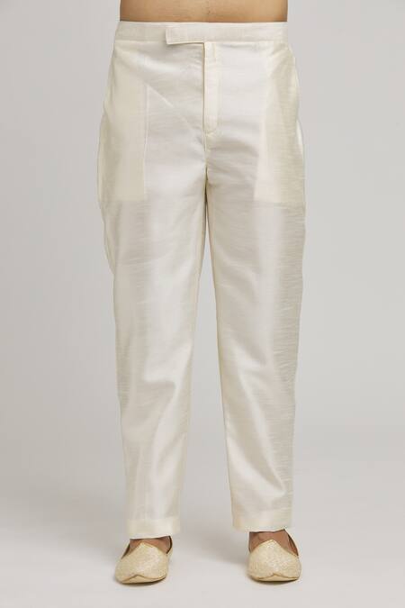 Aham-Vayam_Ivory Cotton Embroidery Kripam Open Sherwani Pant Set _at_Aza_Fashions