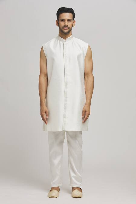 Aham-Vayam_White Cotton Embroidery Krishnam Open Sherwani Pant Set _Online_at_Aza_Fashions