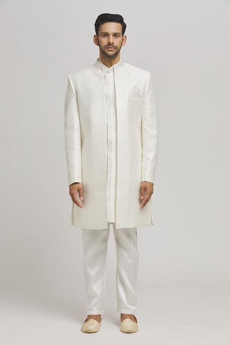 Buy_Aham-Vayam_White Cotton Embroidery Krishnam Open Sherwani Pant Set _Online_at_Aza_Fashions