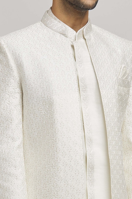 Shop_Aham-Vayam_White Cotton Embroidery Krishnam Open Sherwani Pant Set _Online_at_Aza_Fashions