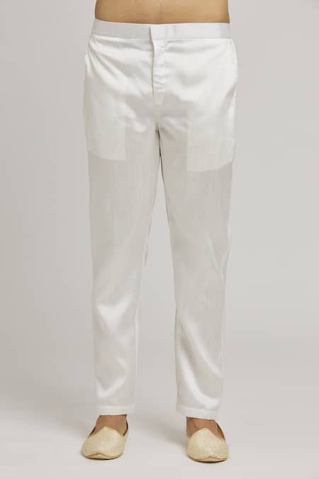 Aham-Vayam_White Cotton Embroidery Krishnam Open Sherwani Pant Set _at_Aza_Fashions