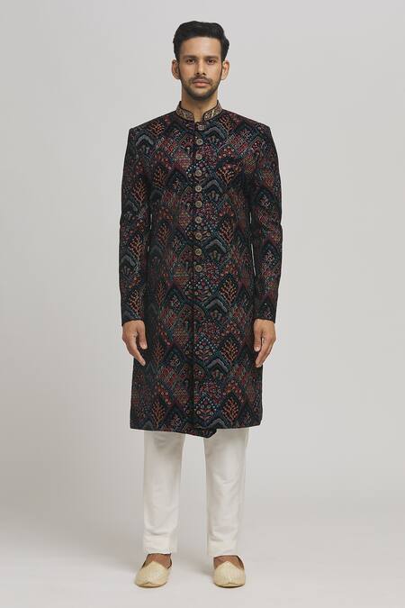 Aham-Vayam Black Cotton, Velvet Embroidery Nawaab Sherwani Set Online at Aza Fashions Aham-Vayam_Black Cotton, Velvet Embroidery Nawaab Sherwani Set _Online_at_Aza_Fashions
