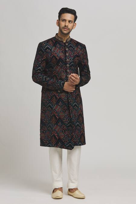 Buy Aham-Vayam Black Cotton, Velvet Embroidery Nawaab Sherwani Set Online at Aza Fashions Buy_Aham-Vayam_Black Cotton, Velvet Embroidery Nawaab Sherwani Set _Online_at_Aza_Fashions