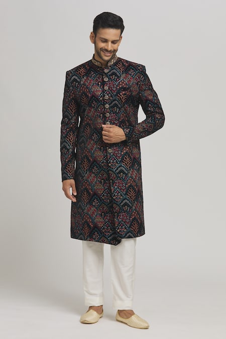 Shop Aham-Vayam Black Cotton, Velvet Embroidery Nawaab Sherwani Set Online at Aza Fashions Shop_Aham-Vayam_Black Cotton, Velvet Embroidery Nawaab Sherwani Set _Online_at_Aza_Fashions