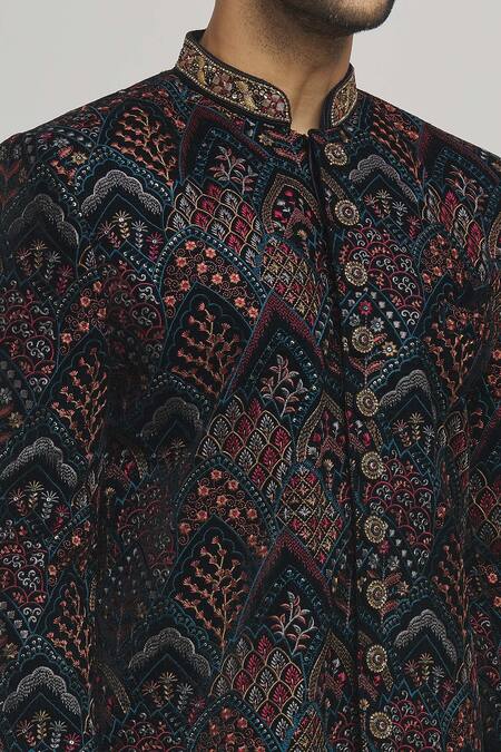 Aham-Vayam Black Cotton, Velvet Embroidery Nawaab Sherwani Set at Aza Fashions Aham-Vayam_Black Cotton, Velvet Embroidery Nawaab Sherwani Set _at_Aza_Fashions