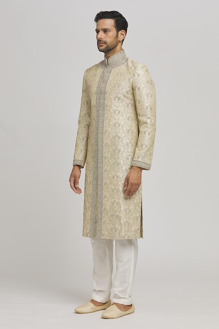 Aham-Vayam_Ivory Cotton Embroidery Chandra Upwan Sherwani Set _Online_at_Aza_Fashions