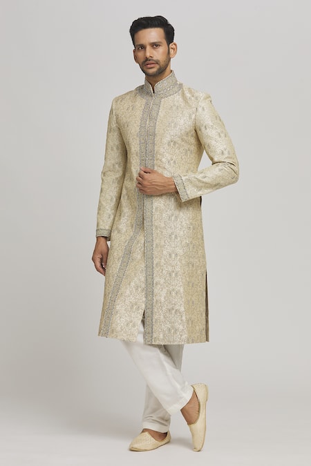 Buy_Aham-Vayam_Ivory Cotton Embroidery Chandra Upwan Sherwani Set _Online_at_Aza_Fashions