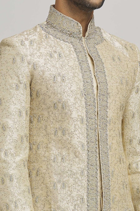 Shop_Aham-Vayam_Ivory Cotton Embroidery Chandra Upwan Sherwani Set _Online_at_Aza_Fashions