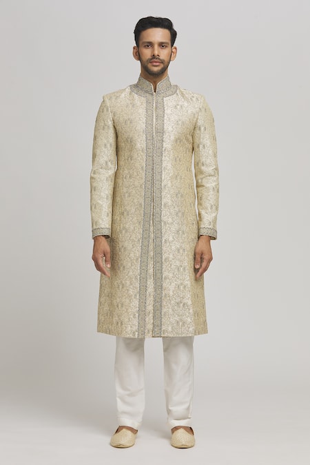 Aham-Vayam_Ivory Cotton Embroidery Chandra Upwan Sherwani Set _at_Aza_Fashions