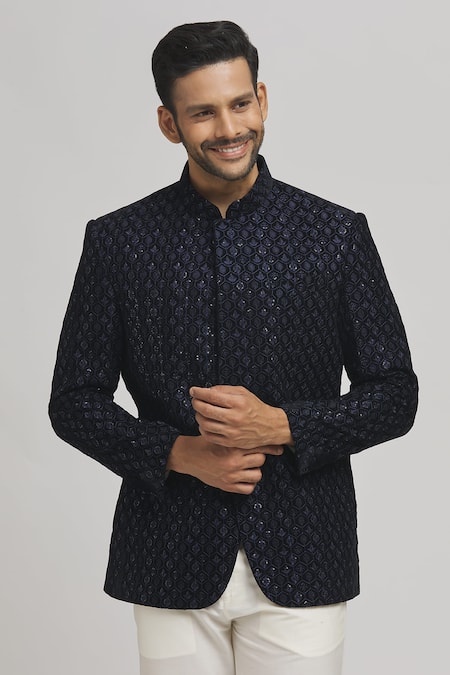 Buy_Aham-Vayam_Blue Cotton, Velvet Sequins, Embroidery Heera Bandhgala _Online_at_Aza_Fashions