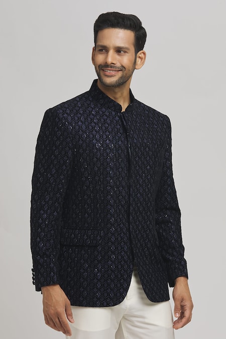 Shop_Aham-Vayam_Blue Cotton, Velvet Sequins, Embroidery Heera Bandhgala _Online_at_Aza_Fashions