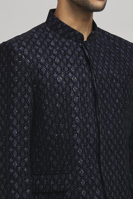 Aham-Vayam_Blue Cotton, Velvet Sequins, Embroidery Heera Bandhgala _at_Aza_Fashions