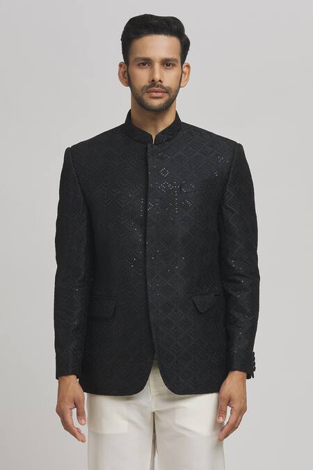 Aham-Vayam_Black Cotton, Velvet Sequins, Embroidery Jahaan Full Sleeve Bandhgala _Online_at_Aza_Fashions