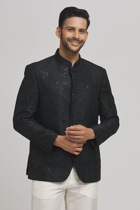 Buy_Aham-Vayam_Black Cotton, Velvet Sequins, Embroidery Jahaan Full Sleeve Bandhgala _Online_at_Aza_Fashions