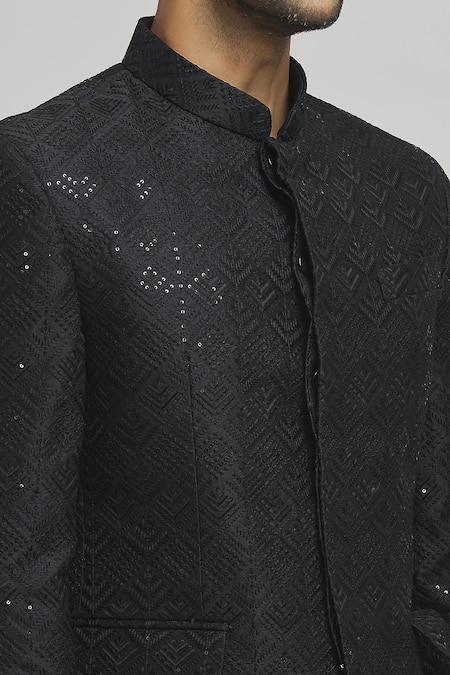 Aham-Vayam_Black Cotton, Velvet Sequins, Embroidery Jahaan Full Sleeve Bandhgala _at_Aza_Fashions