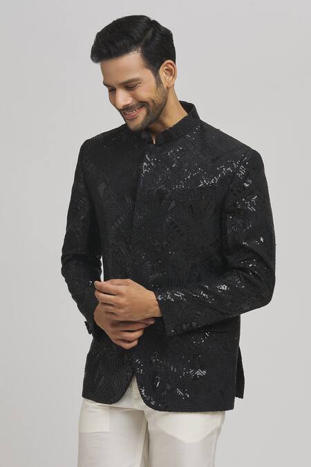 Buy_Aham-Vayam_Black Cotton, Silk Sequins, Embroidery Isha Full Sleeve Bandhgala _Online_at_Aza_Fashions