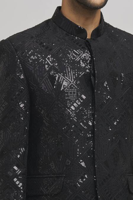 Shop_Aham-Vayam_Black Cotton, Silk Sequins, Embroidery Isha Full Sleeve Bandhgala _Online_at_Aza_Fashions