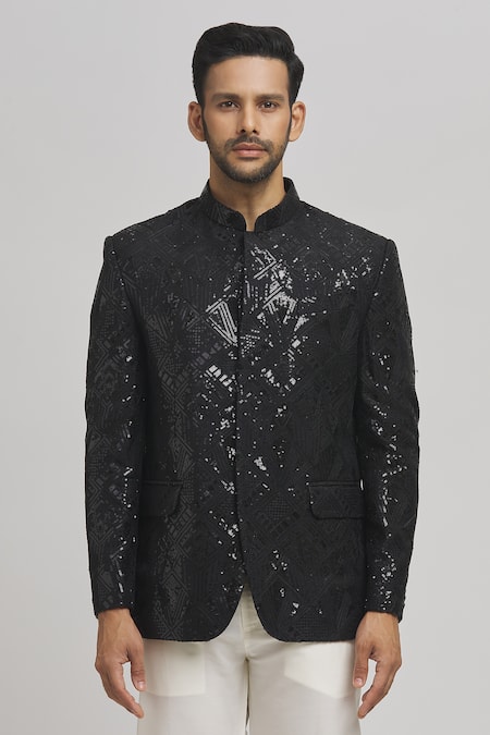 Aham-Vayam_Black Cotton, Silk Sequins, Embroidery Isha Full Sleeve Bandhgala _at_Aza_Fashions