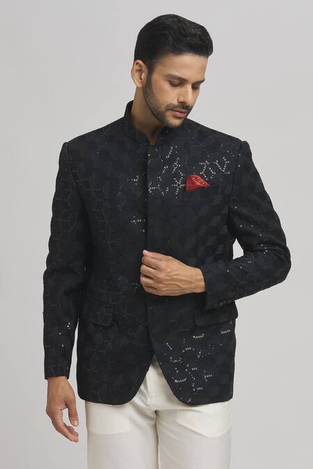 Aham-Vayam_Black Cotton Sequins, Embroidery Shahi Full Sleeve Bandhgala _Online_at_Aza_Fashions