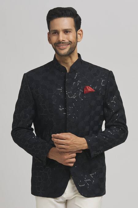 Buy_Aham-Vayam_Black Cotton Sequins, Embroidery Shahi Full Sleeve Bandhgala _Online_at_Aza_Fashions