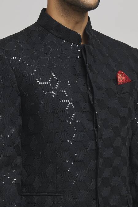 Shop_Aham-Vayam_Black Cotton Sequins, Embroidery Shahi Full Sleeve Bandhgala _Online_at_Aza_Fashions