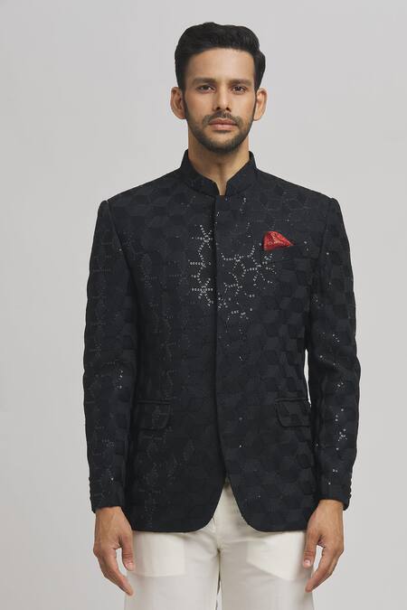 Aham-Vayam_Black Cotton Sequins, Embroidery Shahi Full Sleeve Bandhgala _at_Aza_Fashions