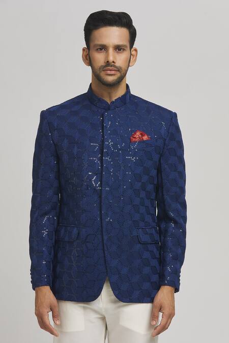 Aham-Vayam_Blue Cotton Sequins, Embroidery Shahi Bandhgala _Online_at_Aza_Fashions