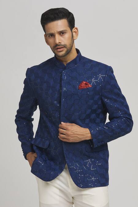 Shop_Aham-Vayam_Blue Cotton Sequins, Embroidery Shahi Bandhgala _Online_at_Aza_Fashions