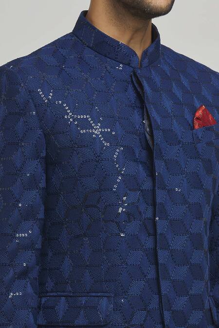 Aham-Vayam_Blue Cotton Sequins, Embroidery Shahi Bandhgala _at_Aza_Fashions
