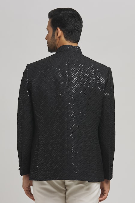 Shop_Aham-Vayam_Black Cotton Sequins, Embroidery Nazar Bandhgala _at_Aza_Fashions