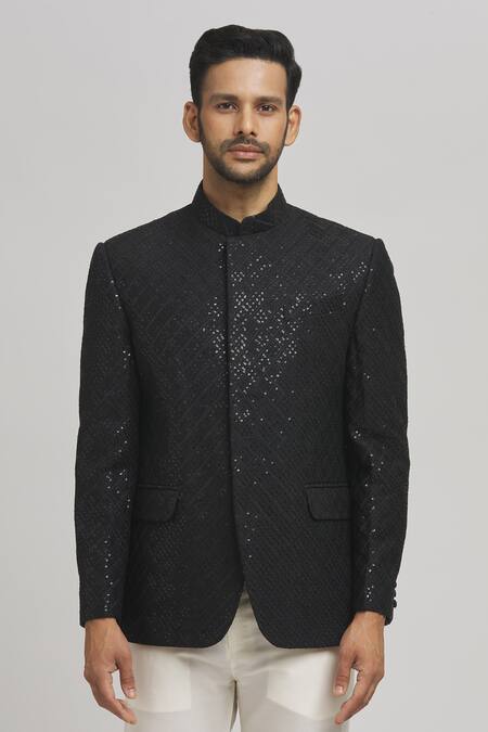 Aham-Vayam_Black Cotton Sequins, Embroidery Nazar Bandhgala _Online_at_Aza_Fashions