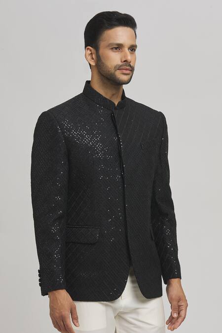 Buy_Aham-Vayam_Black Cotton Sequins, Embroidery Nazar Bandhgala _Online_at_Aza_Fashions