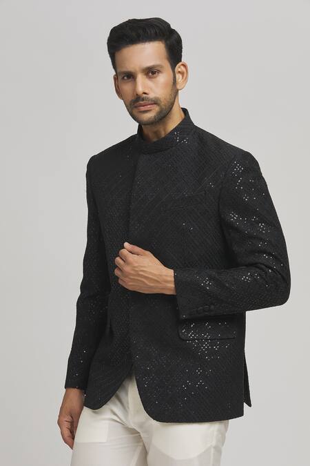 Shop_Aham-Vayam_Black Cotton Sequins, Embroidery Nazar Bandhgala _Online_at_Aza_Fashions