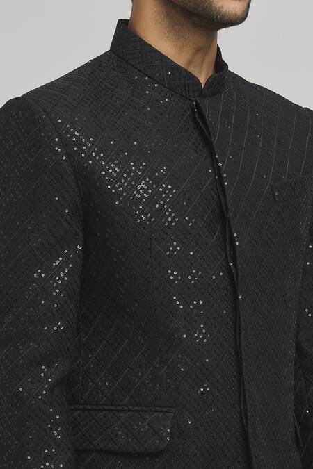 Aham-Vayam_Black Cotton Sequins, Embroidery Nazar Bandhgala _at_Aza_Fashions