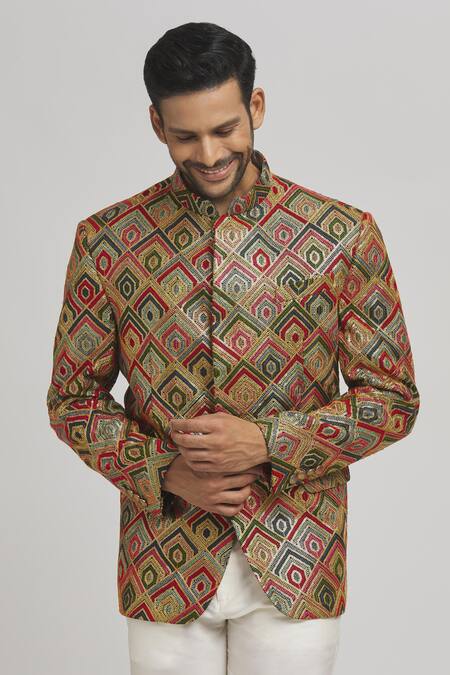 Shop Aham-Vayam Yellow Cotton Embroidery Tyohaar Bandhgala Online at Aza Fashions Shop_Aham-Vayam_Yellow Cotton Embroidery Tyohaar Bandhgala _Online_at_Aza_Fashions