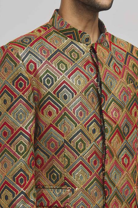 Aham-Vayam Yellow Cotton Embroidery Tyohaar Bandhgala at Aza Fashions Aham-Vayam_Yellow Cotton Embroidery Tyohaar Bandhgala _at_Aza_Fashions