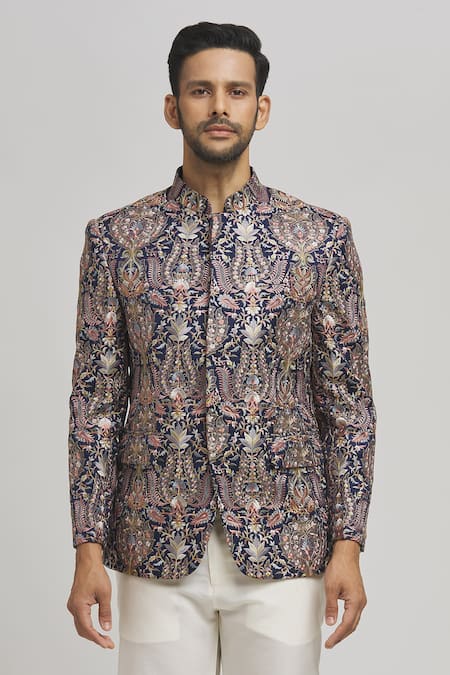 Aham-Vayam_Blue Cotton Embroidery Kashmiri Bandhgala _Online_at_Aza_Fashions