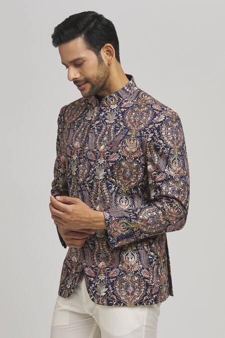 Shop_Aham-Vayam_Blue Cotton Embroidery Kashmiri Bandhgala _Online_at_Aza_Fashions