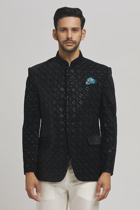 Aham-Vayam_Black Cotton, Velvet Sequins, Embroidery Charminaar Bandhgala _Online_at_Aza_Fashions
