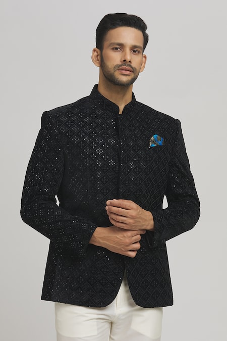 Buy_Aham-Vayam_Black Cotton, Velvet Sequins, Embroidery Charminaar Bandhgala _Online_at_Aza_Fashions