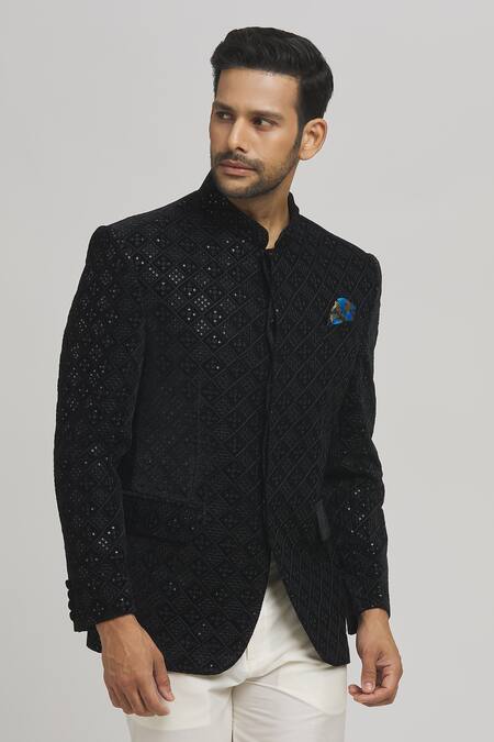 Shop_Aham-Vayam_Black Cotton, Velvet Sequins, Embroidery Charminaar Bandhgala _Online_at_Aza_Fashions