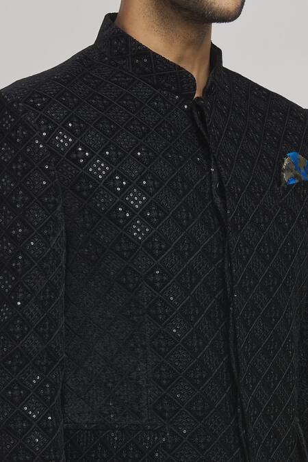 Aham-Vayam_Black Cotton, Velvet Sequins, Embroidery Charminaar Bandhgala _at_Aza_Fashions