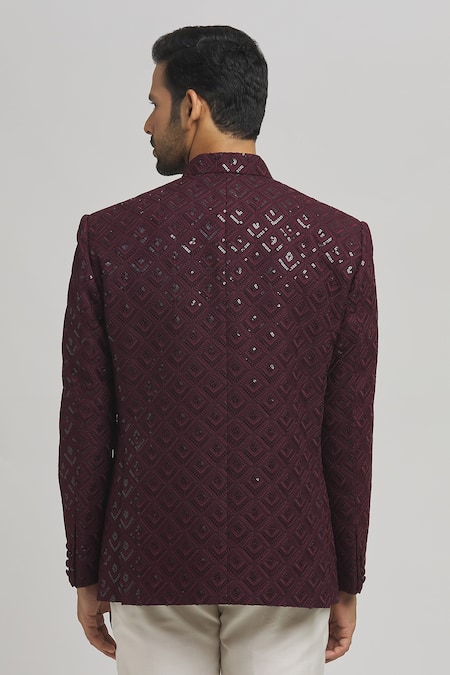 Shop_Aham-Vayam_Maroon Cotton Sequins Jahaan Work Bandhgala _at_Aza_Fashions