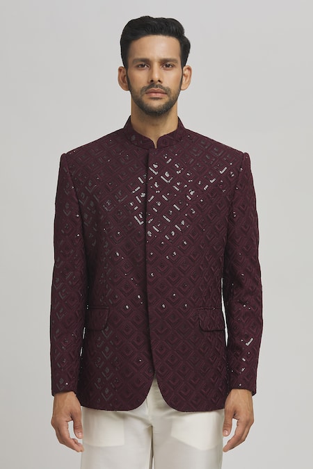 Aham-Vayam_Maroon Cotton Sequins Jahaan Work Bandhgala _Online_at_Aza_Fashions