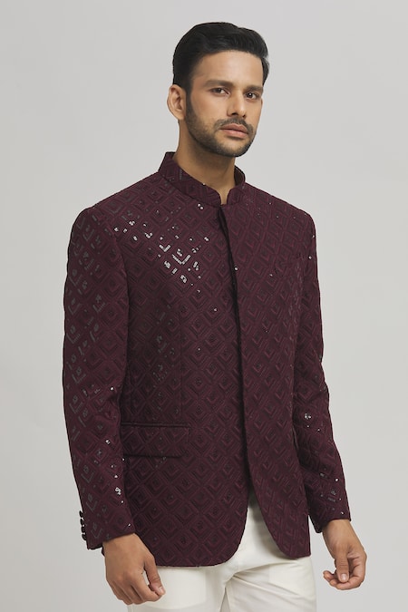 Buy_Aham-Vayam_Maroon Cotton Sequins Jahaan Work Bandhgala _Online_at_Aza_Fashions